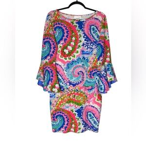 Tara Grinna Dress Medium Paisley Print Bell Sleeve Vibrant Mini Stretch Resort